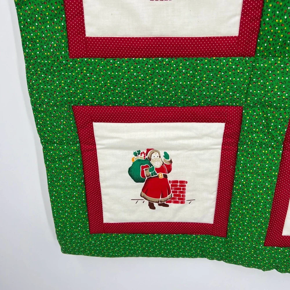 Vintage Handmade Square Quilt Christmas Sleigh Santa Reindeer Poinsettia